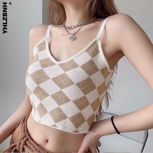 Y2K Girls Streetwear 90s Summer Outfits 2021 Vintage Women Sexy Crop Cami Tops Plaid Print Sleeveless V Neck Camisole