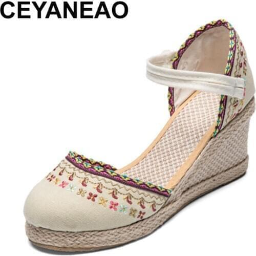 CEYANEAOBohemian Women Platform Sandals Espadrilles Canvas Wedges Embroider Floral High Heels Pumps Summer Shoes Woman