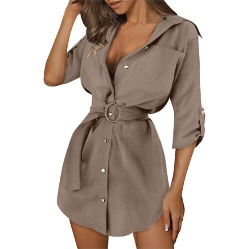 Women Autumn Summer Long Sleeve Mini Dresses Ol With Belt Casual Work Plain Shirt Tops Sexy Brief Elegant Casual Solid Dresses
