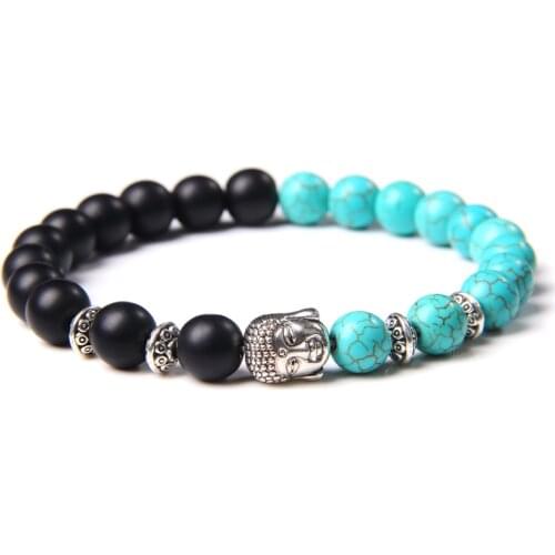 Charm Retro Buddha Heads Bracelet Men Black Natural Onyx Stone Chakra Bracelet Prayer Turquoises Beaded Bracelet Jewelry Women