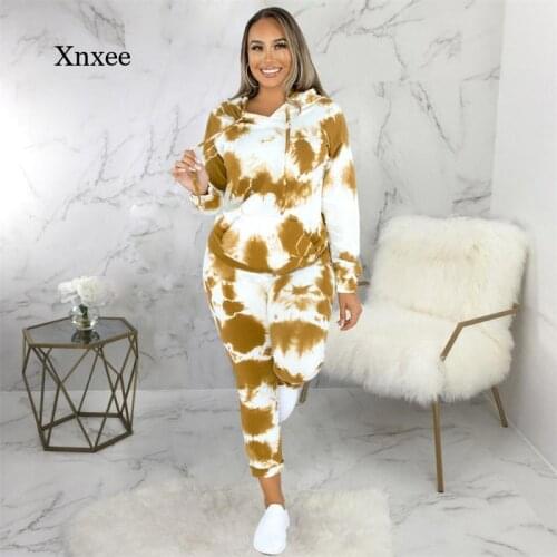 Winter Tie-Dye 2-Piece Set Ladies Sportswear Casual Slim-Fit Hoodie High Waist Jogging Pants Ladies Club Set