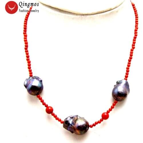 Qingmos 14*25mm Baroque Natural Black Pearl Pendant Necklace for Women with 3-4mm Natural Red Coral Necklace Chokers Jewelry