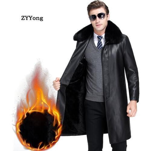 Winter Fleece Leather Jacket Men Trench Coat Plus Velvet Warm PU Fur Collar Overcoat Business Long Black Windbreaker Outwear