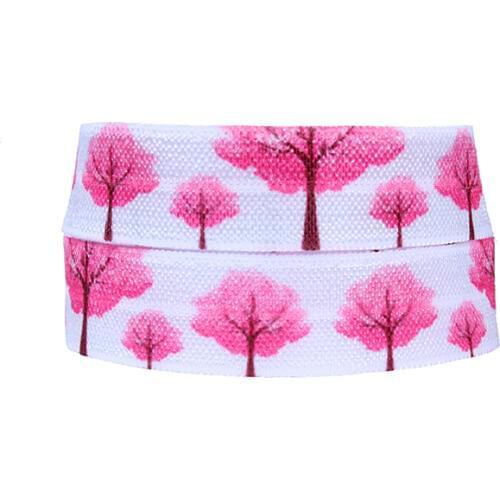 50 yards/lot) New arrival pink sakura flower trees printed fold over elastic for kids DIY