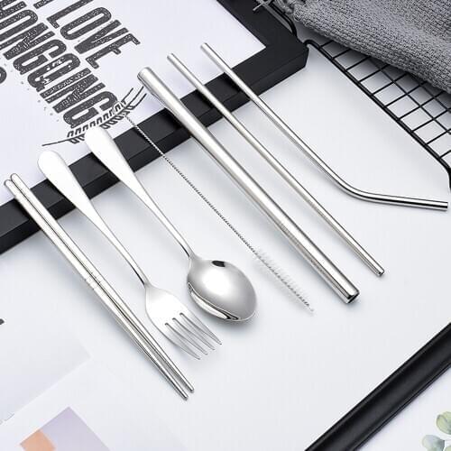 8Pcs Stainless Steel Cutlery Set Reusable Straws Dinner Forks Spoons Chopsticks Drinking Straws Dinnerware+Bag Kitchen Tools