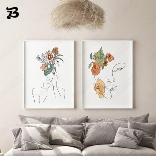 Abstract Figure Painting Lines and Flowers Modern Canvas Painting Wall Art Leaves Posters and Prints for Living Room Home Decor