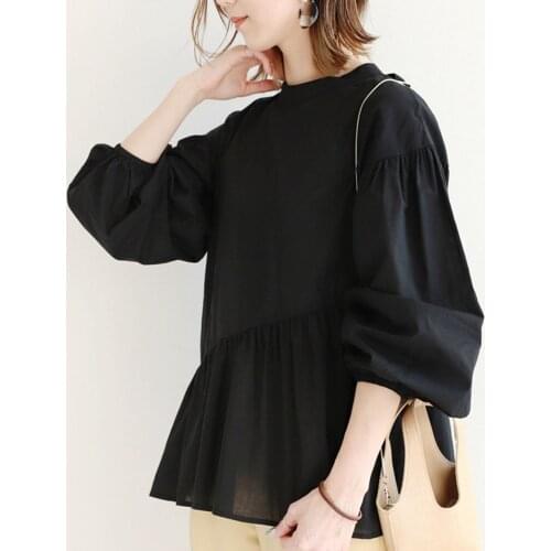 Blouse New Cute Balloon Sleeve Round Neck Drop Shoulder Shirt Puff Sleeve Loose Hem Back Tie Japanese Style Women 2021Blouses
