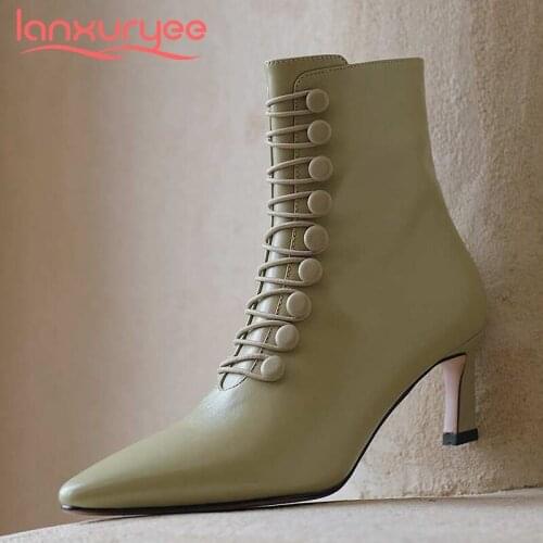 Lanxuryee gladiator real cow leather concise streetwear pointed toe thin high heel zipper elegant lady gorgeous ankle boots L66