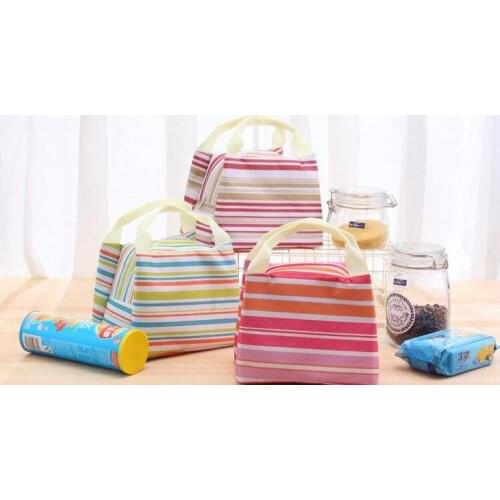Hot Canvas Stripe Picnic Lunch Drink Thermal Insulated Cooler Tote Bag 450ML Portable Carry Case Lunch Box 6 Colors