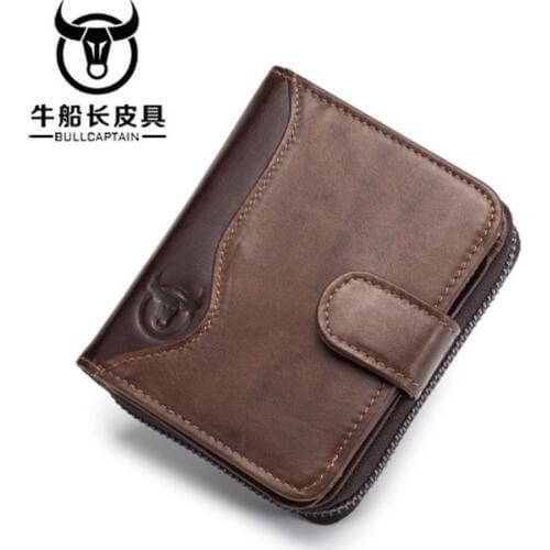 BULLCAPTAIN Fashion Men Wallet Genuine Leather Coin Purse Card Holder Small Wallet Men Portomonee Male Clutch Zipper Clamp Money