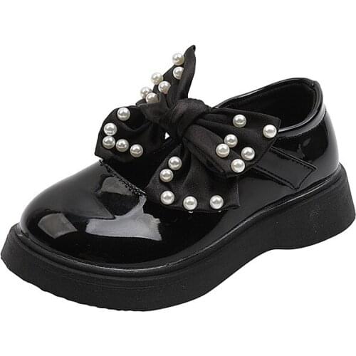 Girls Leather Shoes 2021 Autumn New Fashion Pearl Bow-knot Princess Shoes Soft Sole Shoes Spot Sweet for Party Cute Hot Non-slip