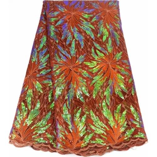 Nice Shinning Burnt Orange Color with Bling Colorful Sequins High Quality 2021 African Embroidery Turtle Mesh Fabric Lace T112