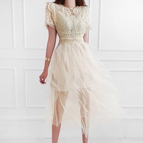 Fashion Summer Vintage Short Sleeve Midi Party Dress Ladies Elegant Streetwear Casual O-Neck Lace Mesh Patchwork A-Line Dress