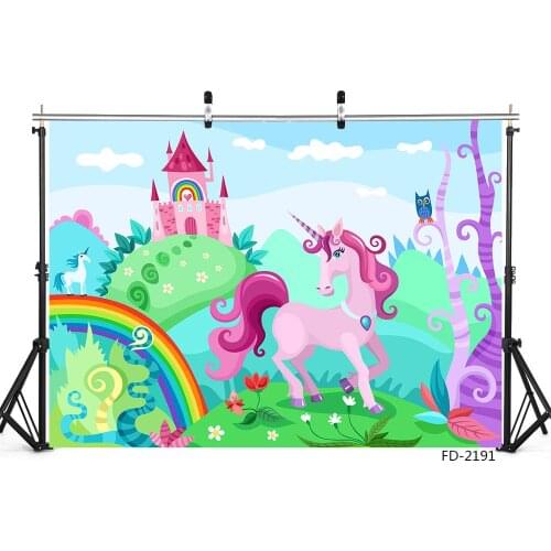 Cartoon Unicorn Rainbow Castle Background For Baby Shower Kids Birthday Party Portrait Photography Backdrops Photo Studio Props
