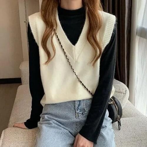 Solid Color V-neck Sweater Vest Women Autumn Winter Simple Basic Sleeveless Knitted Sweater Vest New Korean Student Knitted Vest