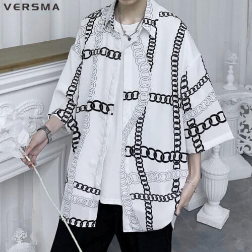 VERSMA Japanese Harajuku Chiffon Long Sleeved Shirt Men Women Summer Vintage Chain Printed Short Sleeve Shirt Male Dropshipping