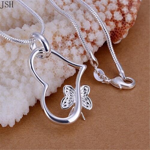 Stamped , butterfly silver color for women necklace jewelry silver jewelry fashion cute Heart pendant snake necklace P090