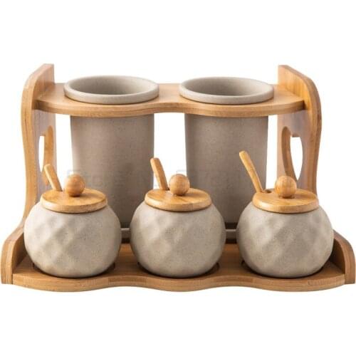 Creative ceramic seasoning set restaurant home kitchen storage double bamboo wooden chopsticks knife and fork tube seasoning jar