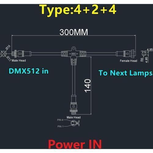2 core 3 core 4 core T Type DMX512 System Connector 2 line AW17 to power supply 2 AW22 to data transfer IP68 waterproof cable