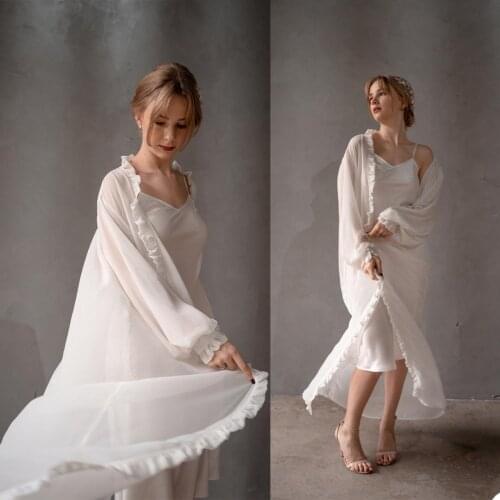 Two Pieces Women Sleepwear Chiffon Custom Made Bathrobe Bath Robe Long Sleeves Ankle Length