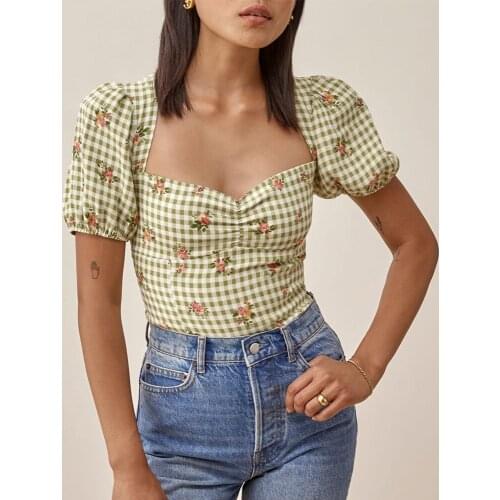 Women Blouses 2021 Fashion Plaid And Floral Print Beach Casual Summer Tops Sweetheart Neck Short Puff Sleeve Elegant Blouse Top