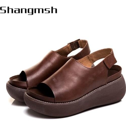Genuine Leather Sandals Women 2020 Fashion Wedges Sandals Flat Shoes Platform Shoes Summer New Casual Sandals 183-2