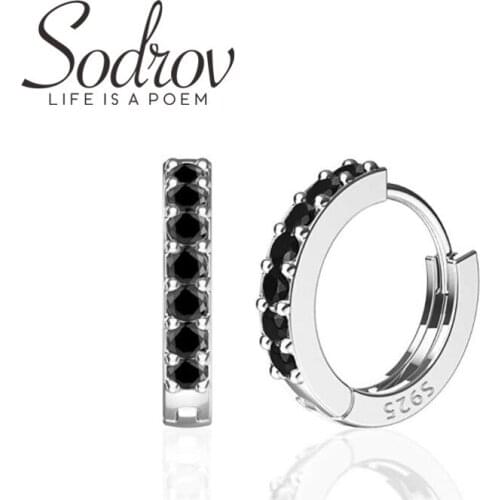 SODROV 2021 New Genuine 925 Sterling Silver Earrings Hoop Earrings for Women Black Spinel Silver 925 Jewelry I177