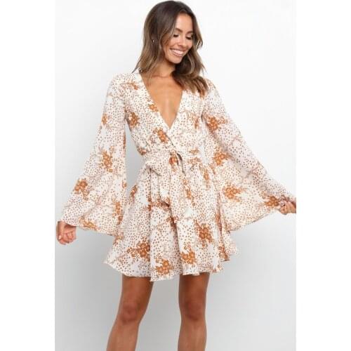 Loose Ruffled Womens Dress Floral Print Flared Sleeves Deep V Neck Bohemian Mini Dresses Women Spring And Autumn High Waist New