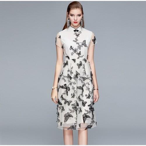 Summer Women Stand-up Collar Short Sleeve Butterfly Embroidery Mesh Elegant Vintage Dress Chinese style Improved Cheongsam Dress