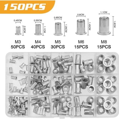 150pcs Aluminum Rivetnuts Blind Set Nutserts Threaded Insert Nutsert Cap Flat Head Rivet Nuts Carbon Steel M3 M4 M5 M6 M8