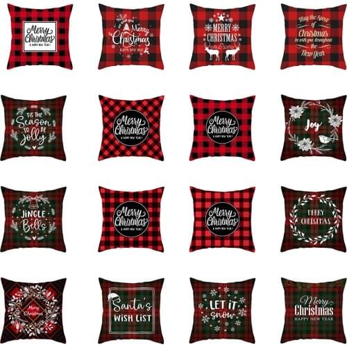 18" Merry Christmas Red Black Plaid Pattern Pillowcase Protective Cover for Sofa Car Waist Throw Cushion Cover Home Xmas Decor