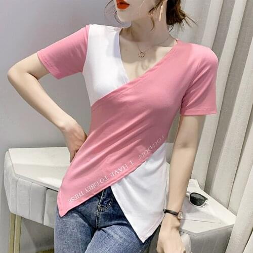 #6027 Summer Irregular Wrap T Shirt Women Short Sleeves Sexy Spliced Color Streetwear Tshirt Female V Neck Slim Basic T-shirt