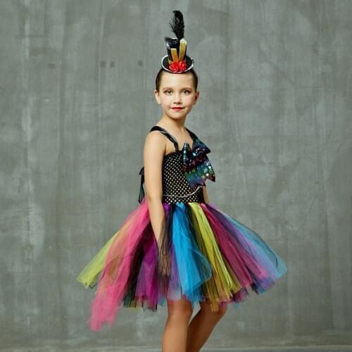 Sparkly Hatter Alice Fancy Tutu Dress Girls Rainbow Halloween Costume Dresses Children Carnival Disguise Clothes Fancy Ball Gown
