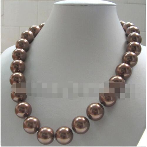 CBN522 18" 16mm perfect round coffee south sea shell pearl necklace-plated clasp