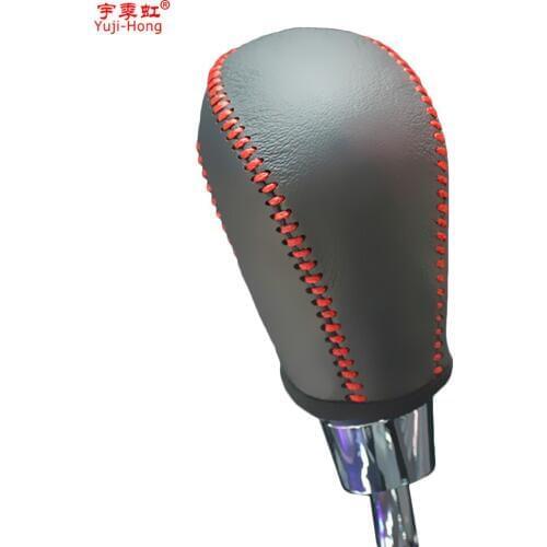 Yuji-Hong Car Gear Covers Case for Hyundai Sonata 8 Automatic Shift Collars Genuine Leather Hand-stitched Cover Black/Red lines