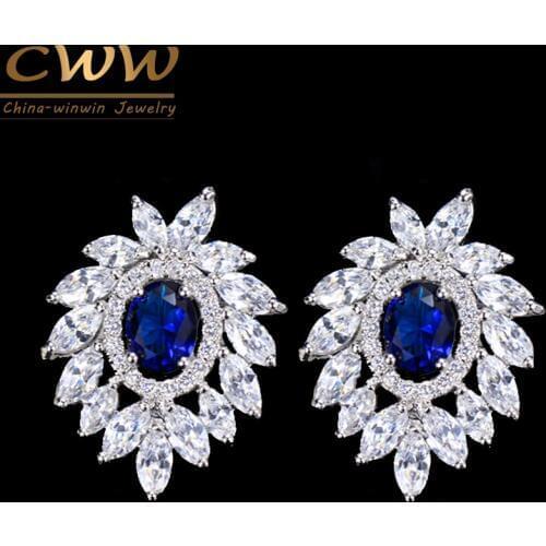 CWWZircons Brand Jewelry White Gold Color Gorgeous Cubic Zirconia Large Fashion Stud Earrings with Bule Crystal CZ172