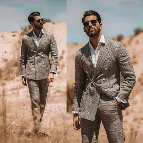 Double Brested Striped 2 Piece Men Suits Formal Wedding Groom Tuxedo Blazer Pant