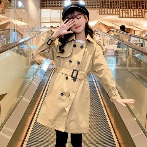 Girls Double-breasted Windbreaker Autumn Childrens Jacket Khaki Mid-length Kids Coat Teenager Long Sleeve Overcoat Girl Clothes