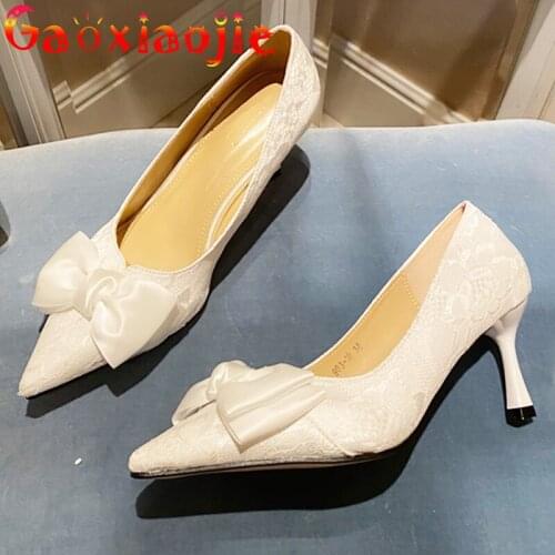 Gaoxiaojie 2021 New Classics Women Pointed High Heels Shoes Sweet Bowknot Party Wedding Shoes Sexy Lace Bridal Princess Stiletto