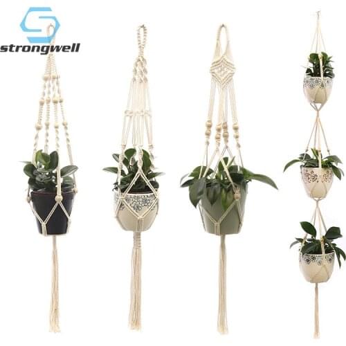 Strongwell Pure Handmade Knitted Cotton Rope Hanging Flower Pot Fairy Garden Decor Green Plant Hanging Basket Home Decoration