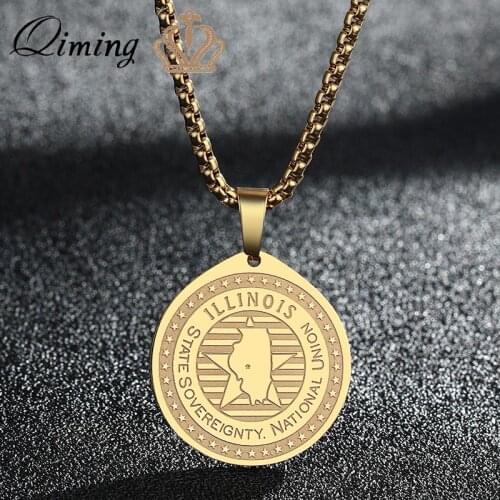 American States Collection Fashion Necklace Illinois. IL Pendant Personal Pendant Settings Stainless Steel Jewelry