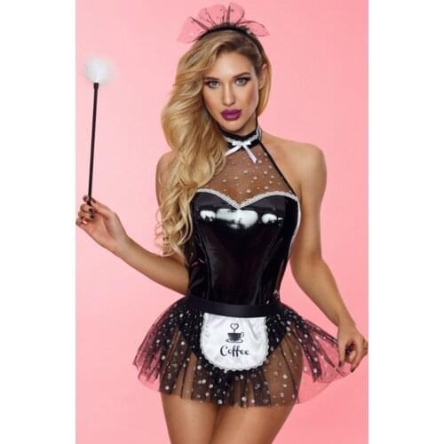 Black PVC Leather & Mesh Sexy French Maid Uniform Adult Cosplay Outfit ( Bodysuits And Skirt Set ) Halloween Costumes For Adults