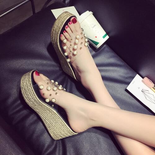 Square heel Velvet Buckle String Bead wedge Wedges summer Slides square buckle women Crystal Fashion Low slipper Strap creeper