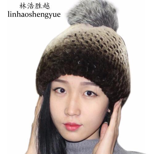 Linhaoshengyue Free Shopping Rabbit Fur Cap Hat with Ball Winter Warm Women 2017 New