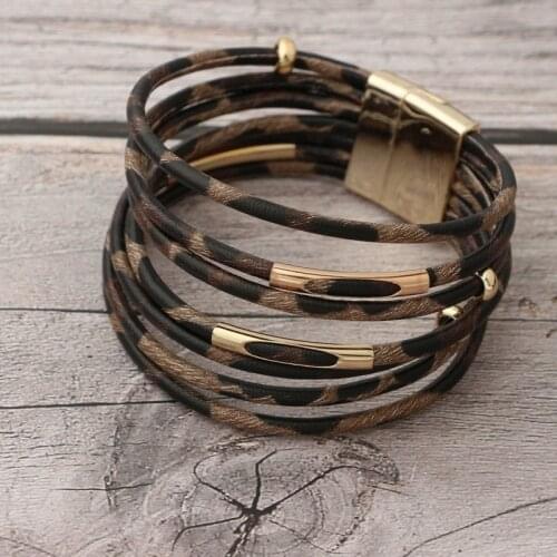 Multilayer Leopard Leather Ropes Stacked Wraps Wrists Bangle Bracelets for Women Fashion Jewelry Manufacturer Vendor Wholesale