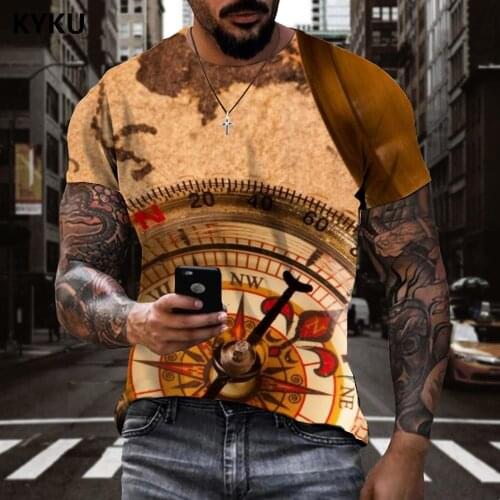 KYKU Brand Compass T shirt Men Map T-shirts 3d Retro Tshirt Printed Street Tshirts Casual Mens Clothing T shirts Cool Male