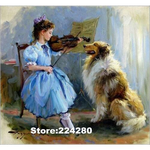 Playing Guitar Girl Needlework,Oil Painting Dog Cross stitch Handmade 14CT Canvas DIY,Cross-stitch kits,Embroidery Art Home
