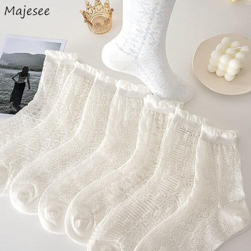 White Socks Women 5 Pairs Hollow Out Summer Thin Breathable Ultra-thin Students See Through Lace Pure Color Harajuku Simple Soft