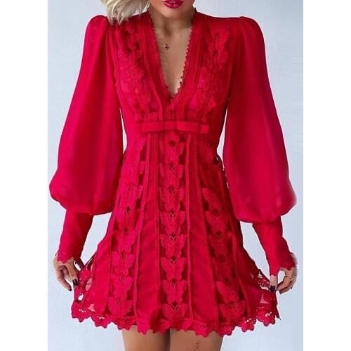 2021 New Women Autumn Boho Fashion Elegant Dresses Sexy V Neck Solid Sheer Mesh Long Puff Sleeve Butterfly White Lace Mini Dress