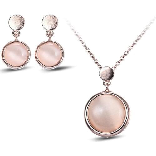 New Arrivals Vintage Faux Opal Round Pendant Necklace Ear Stud Earrings Gift For Woman Wedding Party Exquisite Jewelry Set